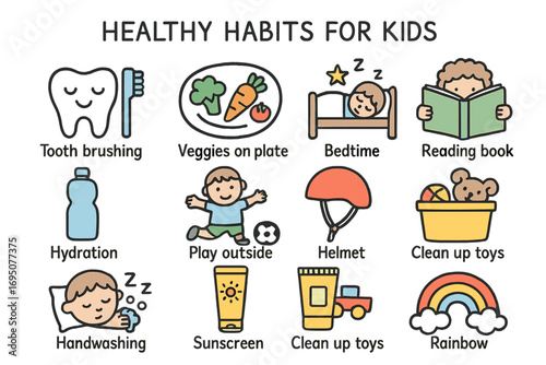 Healthy Kid Doodle Icons. Toddler toys doodle icon set: hand drawn icons of shape sorter, plush bear, xylophone, stacking rings,