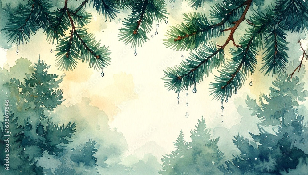 Obraz premium Hand-painted digital watercolor of raindrops dripping from pine forest branches