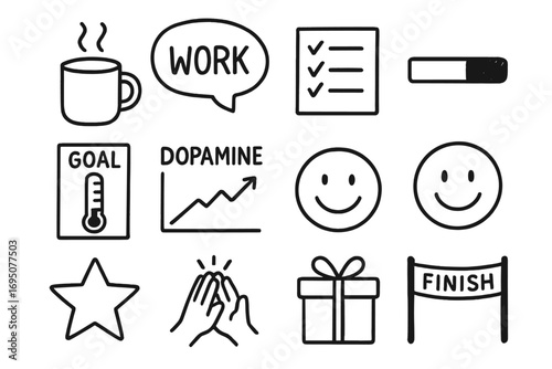 Motivation Doodle Icons. Startup launch doodle icon set: hand drawn icons of rocket, excitement lines, app icon, beta tag, demo