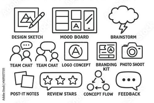 Creative Agency Doodle Icons. Toddler meal doodle icon set: hand drawn icons of sippy cup, spoon, divided plate, high chair,