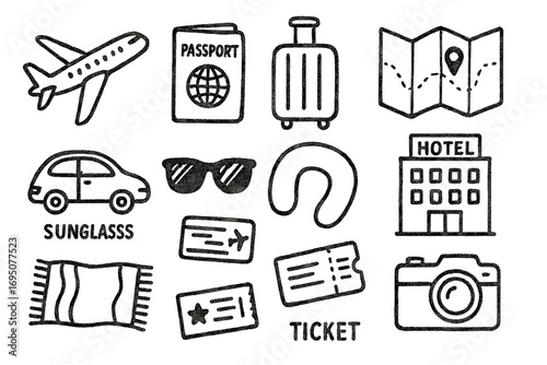 Travel Icons Collection. Cooking class doodle icon set: hand drawn icons of apron, knife, chopping board, vegetables, recipe book,