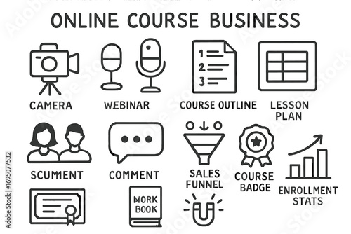 Online Course Icons. Startup launch doodle icon set: hand drawn icons of rocket, excitement lines, app icon, beta tag, demo setup,