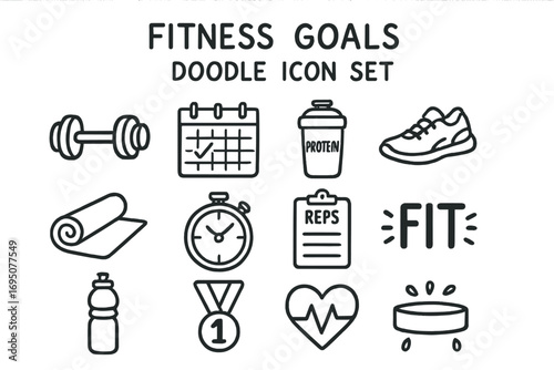 Fitness Doodle Icon Set. Fitness goals doodle icon set: hand drawn icons of dumbbell, calendar, protein shake, running shoes, yoga