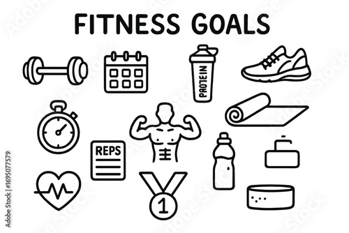 Fitness Doodle Icon Set. Brand strategy doodle icon set: hand drawn icons of customer persona, niche chart, target board, brand