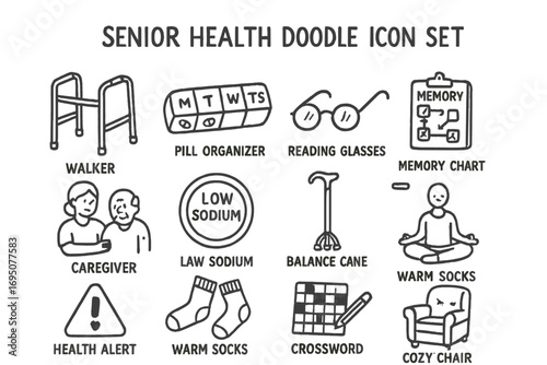 Senior Health Doodles. Senior health doodle icon set: hand drawn icons of walker, pill organizer, reading glasses, memory chart,