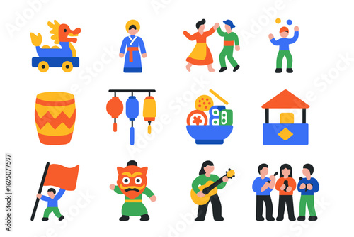 Festival Icons Collection. Flat vector icons of cultural festivals: parade float, traditional costume, folk dance, ethnic drum,