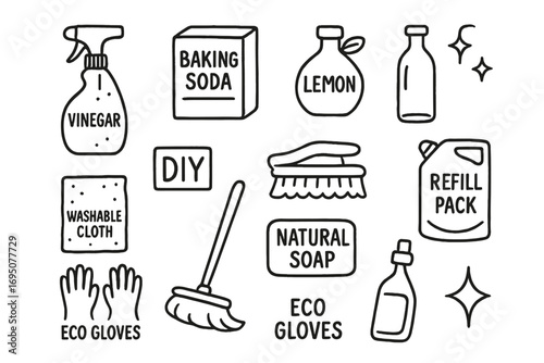 Eco Cleaning Doodle Icons. Eco cleaning doodle icon set: hand drawn icons of vinegar spray, baking soda box, lemon cleaner, glass