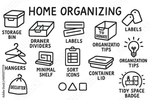 Home Organization Icons. Home organizing doodle icon set: hand drawn icons of storage bins, drawer dividers, labels, to-donate box