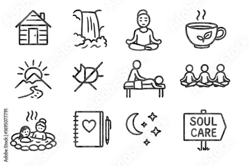 Wellness Retreat Icons. Wellness retreat doodle icon set: hand drawn icons of cabin, waterfall, meditation circle, herbal tea,