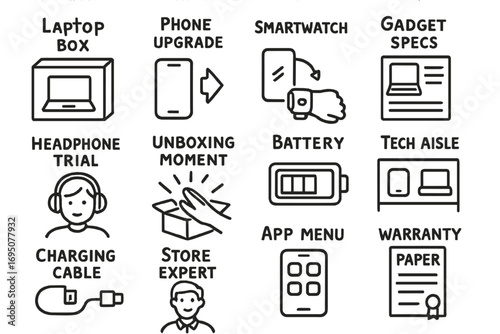 Tech Doodle Icons. Tech buying doodle icon set: hand drawn icons of laptop box, phone upgrade, smartwatch on hand, gadget specs,