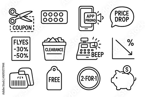 Couponing Doodle Icons. Couponing doodle icon set: hand drawn icons of scissors cutting coupon, loyalty punch card, app promo