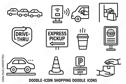 Drive-Thru Shopping Icons. Drive-thru shopping doodle icon set: hand drawn icons of car line, speaker order box, bag through