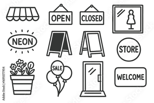 Storefront Doodle Icons. Storefront doodle icon set: hand drawn icons of shop awning, open/closed sign, display window, neon