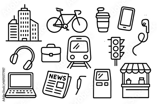 Urban Doodle Montage. Urban lifestyle: hand drawn doodles of skyscrapers, bicycles, smartphones, laptops, coffee cups, briefcases,