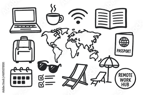 Digital Nomad Essentials. Digital nomad life: hand drawn doodles of laptops, coffee cups, travel bags, world maps, wifi signals,