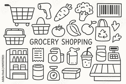 Grocery Doodle Art. Grocery shopping: hand drawn doodles of shopping carts, baskets, vegetables, fruits, barcode scanners, shelves