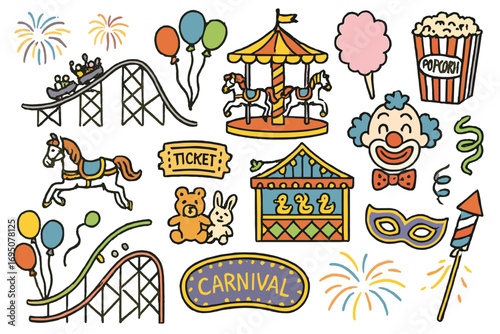 Carnival Night Doodles. Carnival night: hand drawn doodles of roller coasters, carousel horses, popcorn bags, cotton candy, clowns