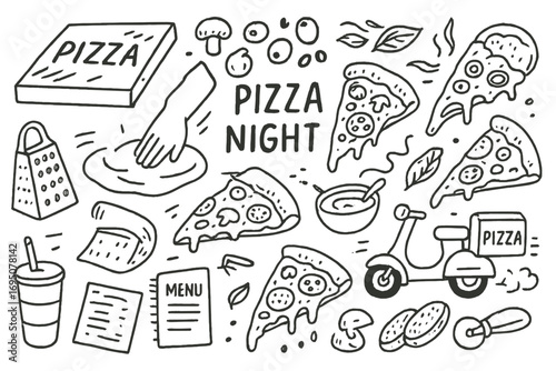 Pizza Doodles Extravaganza. Pizza night: hand drawn doodles of pizza boxes, slices, toppings, olives, cheese graters, rolling