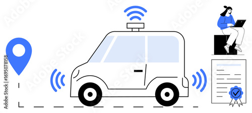 Autonomous car with GPS pin, wireless signals, woman using laptop, certification document. Ideal for innovation, mobility, automation, GPS, AI technology wireless communication transportation