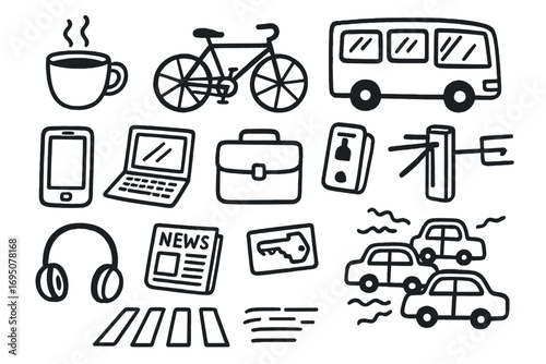 Morning Commute Doodles. Morning commute: hand drawn doodles of coffee cups, bikes, buses, phones, laptops, briefcases, headphones