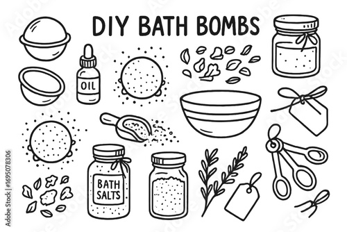 DIY Bath Bomb Essentials. DIY bath bombs: hand drawn doodles of molds, essential oils, fizzing spheres, dried petals, jars, mixing