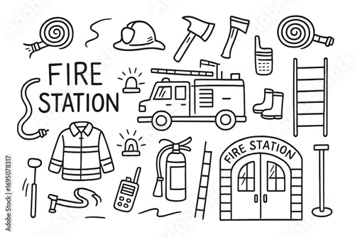 Fire Station Doodles. Fire station: hand drawn doodles of hoses, helmets, axes, fire trucks, boots, ladders, fire poles, sirens,