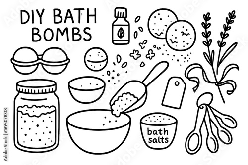 DIY Bath Bomb Essentials. DIY bath bombs: hand drawn doodles of molds, essential oils, fizzing spheres, dried petals, jars, mixing