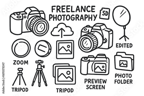 Freelance Photography Doodles. Freelance photography: hand drawn doodles of DSLR cameras, memory cards, light reflectors, cloud