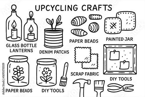 Creative Upcycling Crafts. Upcycling crafts: hand drawn doodles of glass bottle lanterns, tin can planters, paper beads, denim