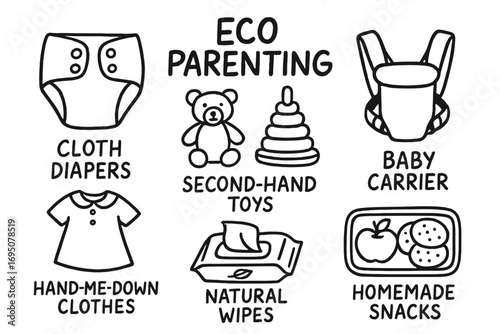 Eco-Friendly Baby Essentials. Eco parenting: hand drawn doodles of cloth diapers, second-hand toys, baby carriers, hand-me-down