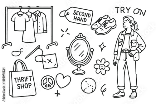 Thrift Store Sketches. Thrift shopping: hand drawn doodles of clothing racks, second-hand tags, old shoes, sewing fixes, vintage