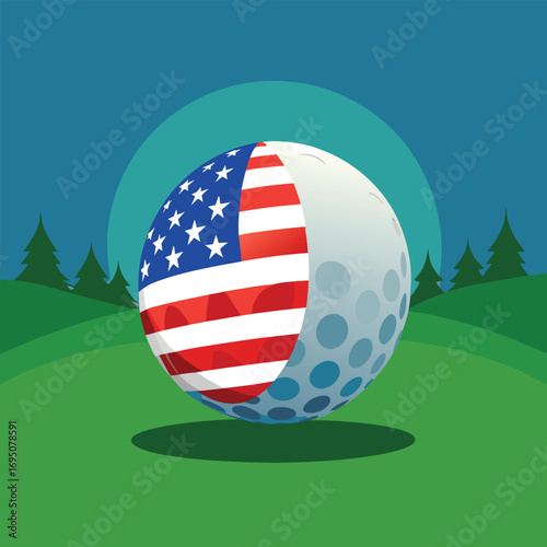 Golf ball with American flag design on a golf course