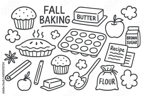 Fall Baking Doodles. Fall baking: hand drawn doodles of muffins, pies, spices, butter, apples, brown sugar, baking trays, recipe
