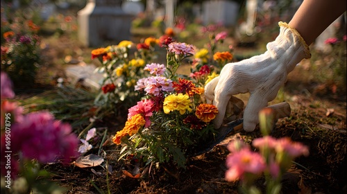 Autumn gravesite care with white-gloved hand planting colorful flowers before All Saints Day