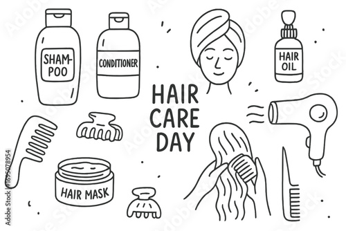 Hair Care Essentials. Hair care day: hand drawn doodles of shampoo bottles, conditioner, towel wrap, hair mask, combs, clips, hair