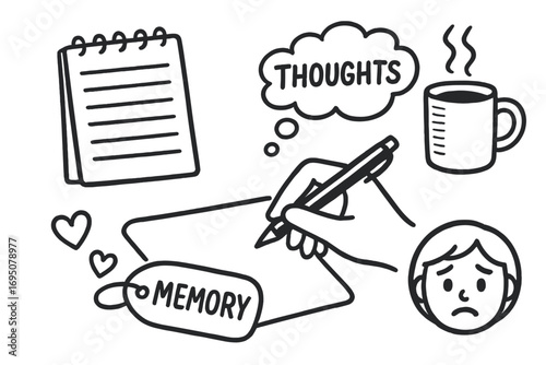 Journaling Doodles Collection. Journaling moment: hand drawn doodles of notepad, thoughts cloud, pen in hand, coffee mug, memory