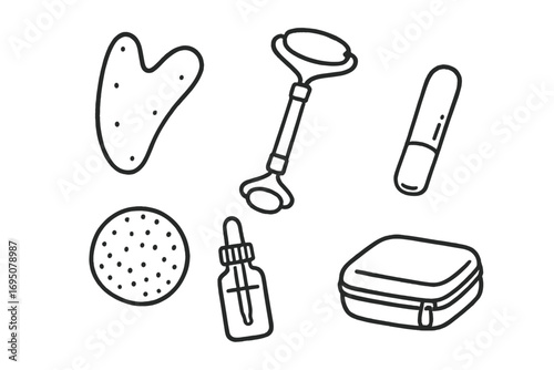 Gentle Skincare Essentials. Gentle skincare tools: hand drawn doodles of gua sha, jade roller, face sponge, cooling stick, dropper