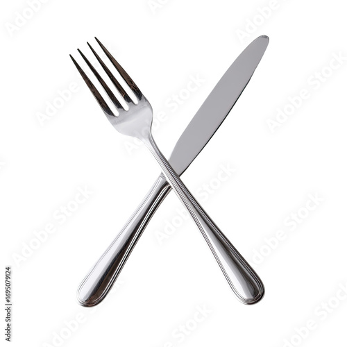 Crossed silver fork and knife.  Silvery metal eating utensils.  Sharp, polished,  intersecting