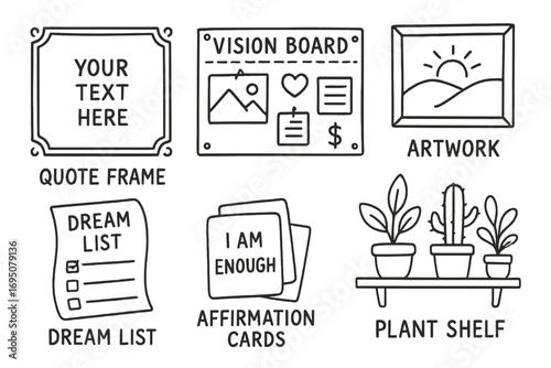 Creative Vision Board. Desktop inspiration: hand drawn doodles of quote frame, vision board, artwork, dream list, affirmation