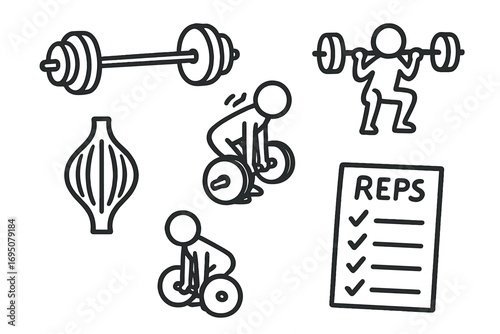 Strength Training Doodles. Strength training: hand drawn doodles of barbell, dumbbells, lifting form, squat icon, muscle diagram,