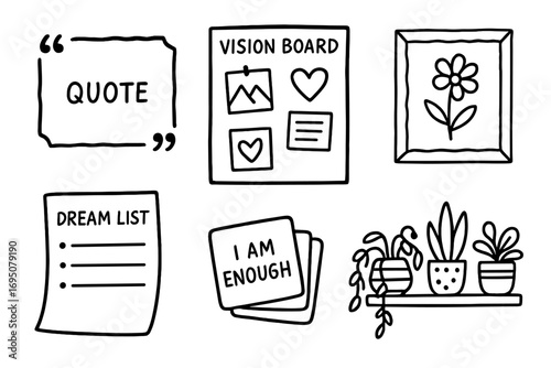 Creative Vision Board. Desktop inspiration: hand drawn doodles of quote frame, vision board, artwork, dream list, affirmation