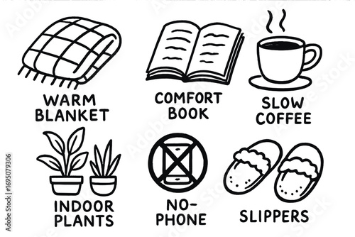 Relaxing Weekend Essentials. Weekend self-care: hand drawn doodles of warm blanket, comfort book, slow coffee, indoor plants,