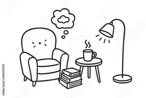 Cozy Reading Nook. Relaxing corner: hand drawn doodles of soft chair, stack of books, tiny table, dim lamp, hot mug, and daydream