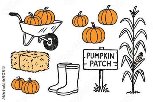 Pumpkin Patch Doodles. Pumpkin patch day: hand drawn doodles of wheelbarrow, orange pumpkins, hay bale, farm sign, boots, and corn