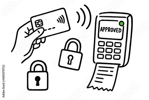 Contactless Payment Doodles. Contactless card use: hand drawn doodles of tap card, machine screen, green light, waving signal,