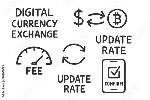 Digital Currency Exchange Doodles. Digital currency exchange: hand drawn doodles of currency arrows, dollar to bitcoin, fee meter,