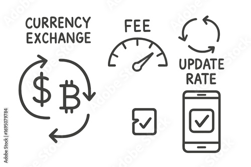 Digital Currency Exchange Doodles. Digital currency exchange: hand drawn doodles of currency arrows, dollar to bitcoin, fee meter,