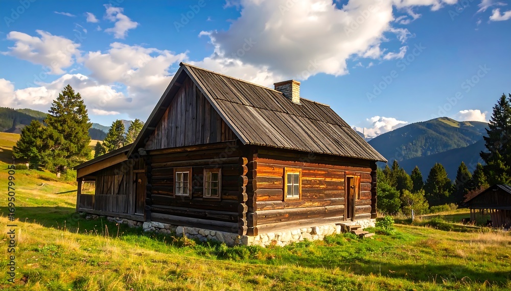 Fototapeta premium Rustic wooden mountain chalet in a grassy meadow under a partly cloudy sky