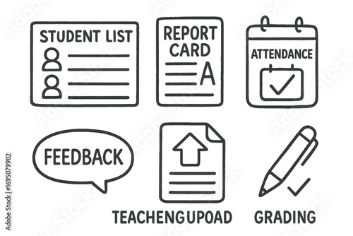 Teacher Dashboard Doodles. Teacher dashboard: hand drawn doodles of student list, report card, attendance icon, feedback bubble,