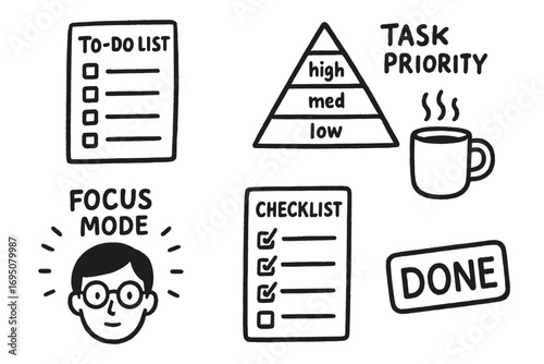 Doodle Productivity Elements. Daily workflow: hand drawn doodles of to-do list, task priority, focus mode, break time, checklist,